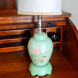 Vintage  60s green painted kitsch floral table lamp.